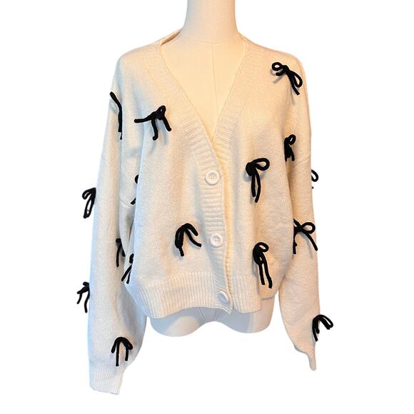 LUNA IVY Ivory With Black Bows V-Neck Button Cardigan Anthropologie. Size Large - Picture 2 of 8